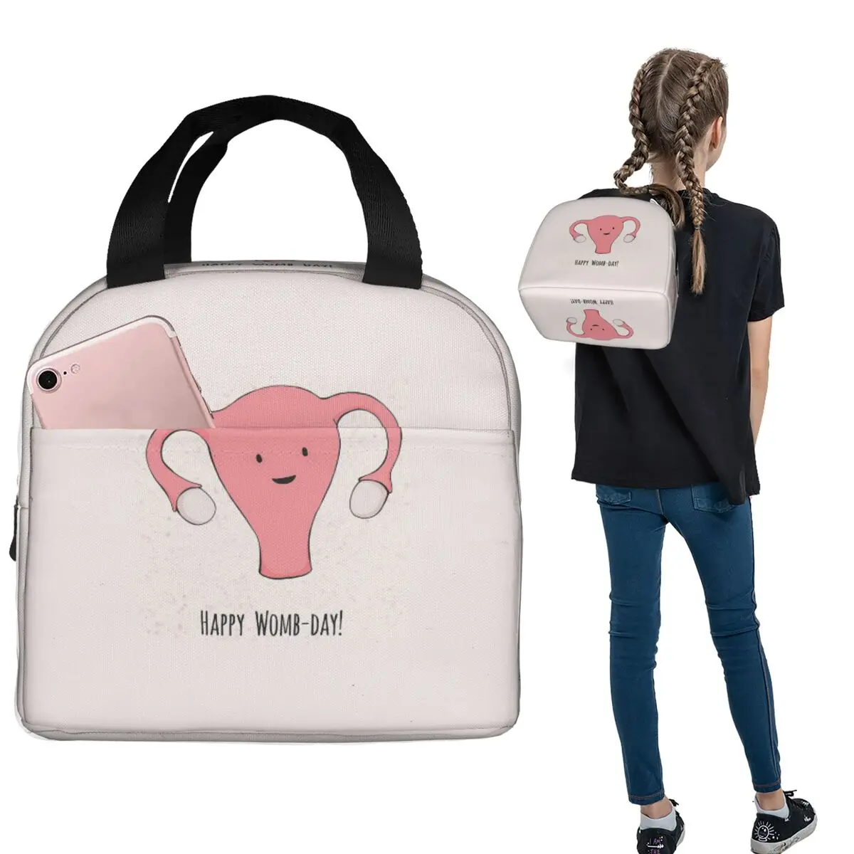 Patterned Happy Uterus In Pink Insulated Lunch Bag for Women Kids Portable Food Boxes Thermal Lunch Box Tote