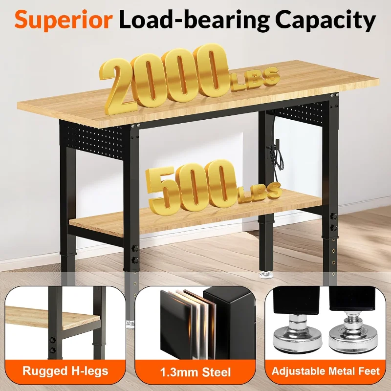 60“ Adjustable Height Workbench Work Bench for Garage Work Table with Under Table Shelf Heavy Duty Rubber Wood Top