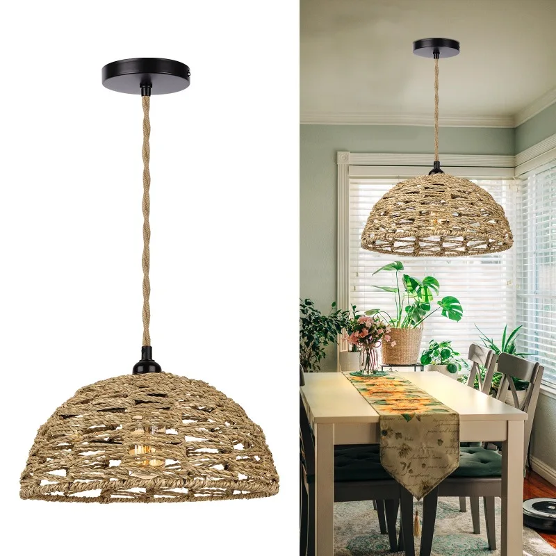 

Handwoven Chinese Style Pendant Lights Cotton Rope Lampshade with A Semicircle Diameter of 30cm Dining Room Hanging Lamps