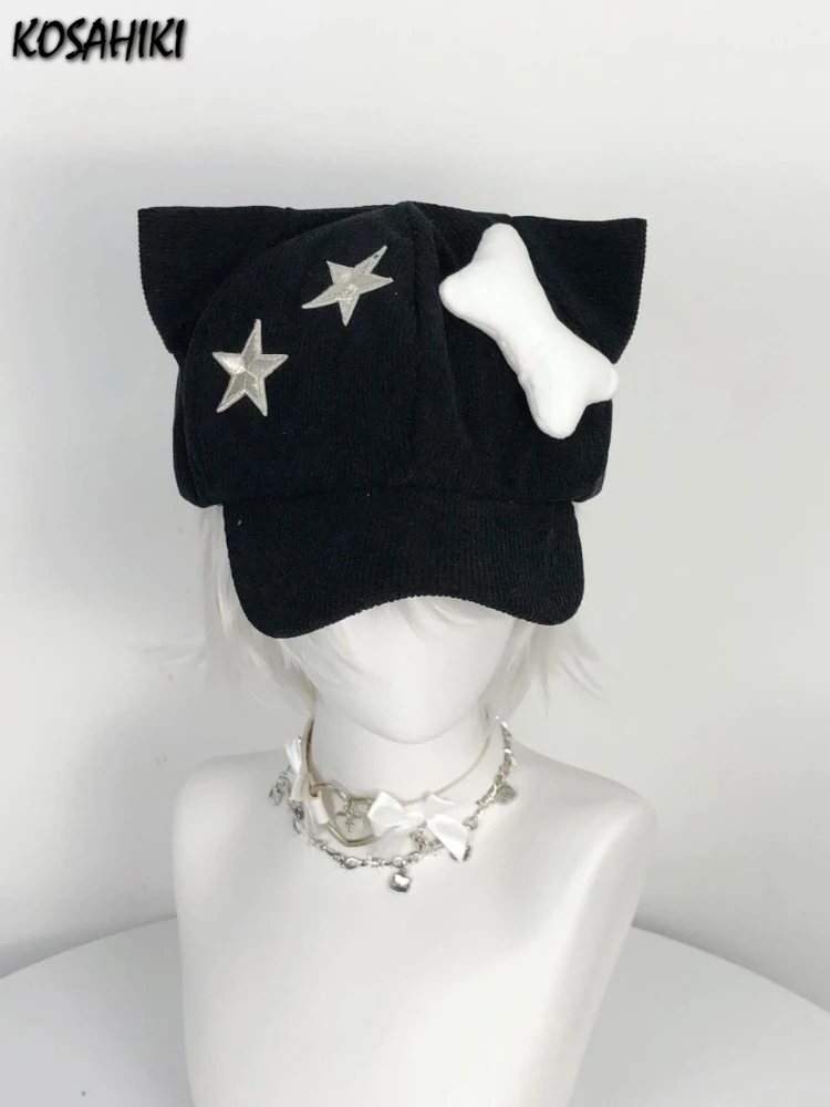 2024 Women Japanese Gothic Harajuku Lolita Girls Hat Kawaii Cute Bone Star Cap Y2k Aesthetic Chic Ear Bucket Hats Female Vintage