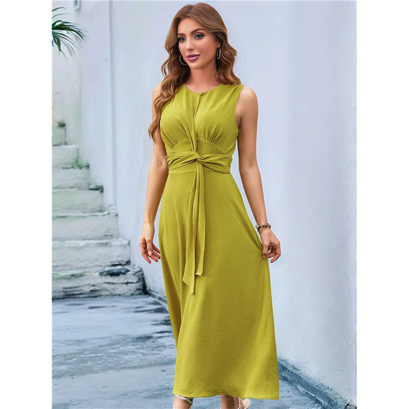 CGS-Womens Summer Casual Sleeveless T Shirt Midi Dress Slim Fit Tie Waist Tank Long Dresses 2025