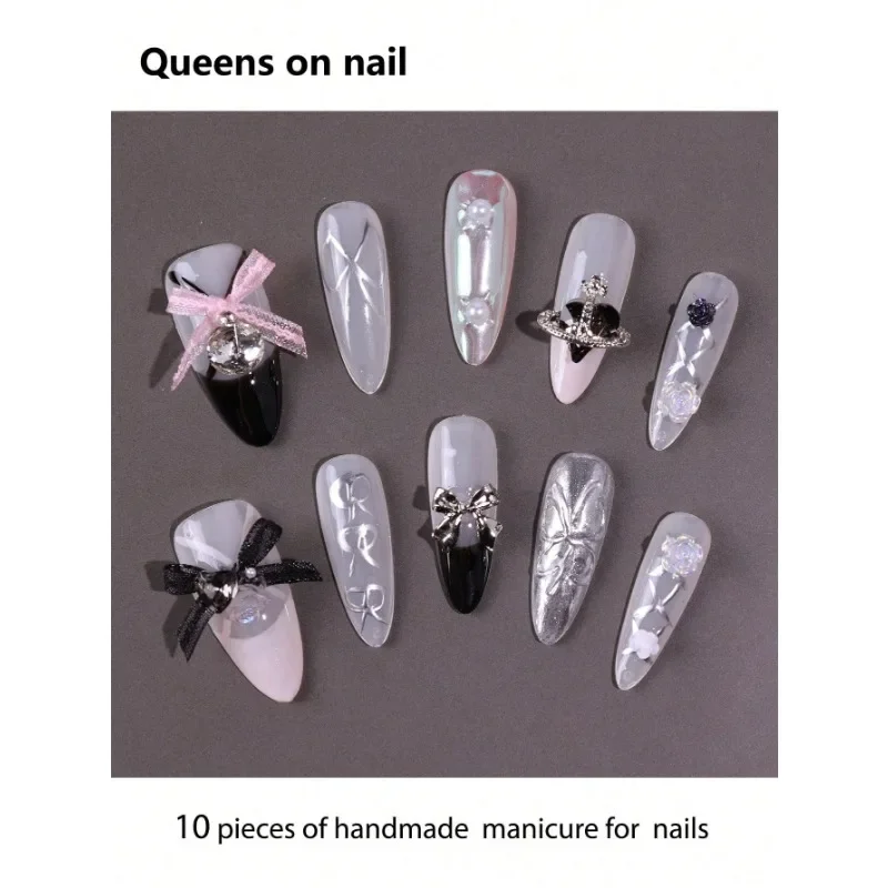 

10 Pieces Handmade press on Nails Ballet Style False Nails/Smudged/Oversized Sparkling Diamonds/Pearls/Golden Stripes