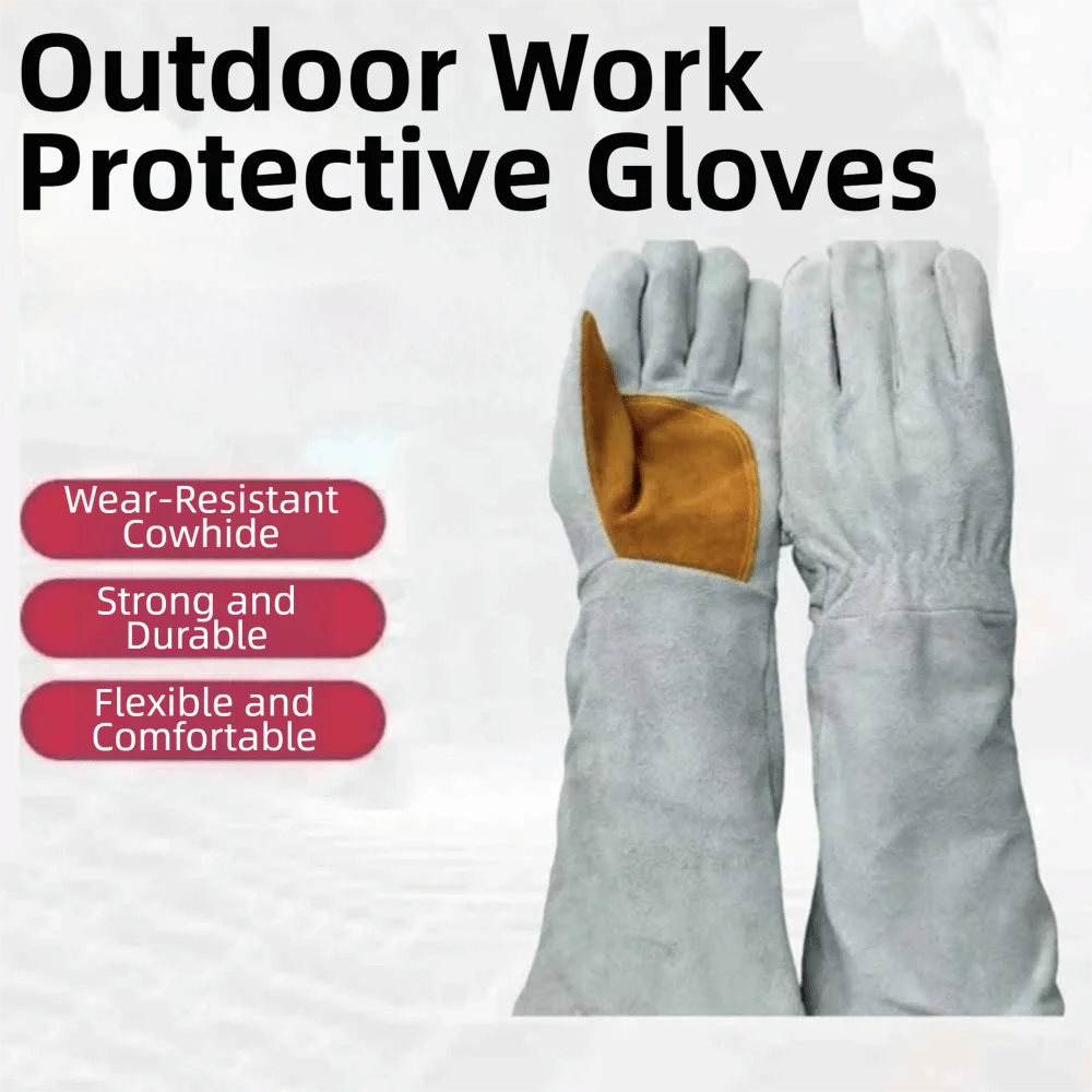 Soft Leather Heat Resistant Gloves Cowhide Durable Thick Leather Gloves Stretchable Wrist Long Sleeve Protective Gloves