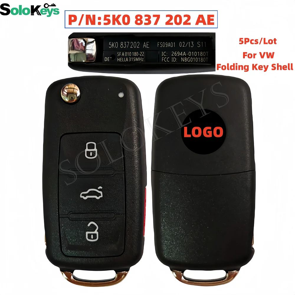 

SOLOKEYS 5Pcs/Lot 5K0837202AE NBG010180T For VW Volkswagen Jetta Caddy EOS GTI Golf Passat Tiguan Remote Key Shell With LOGO