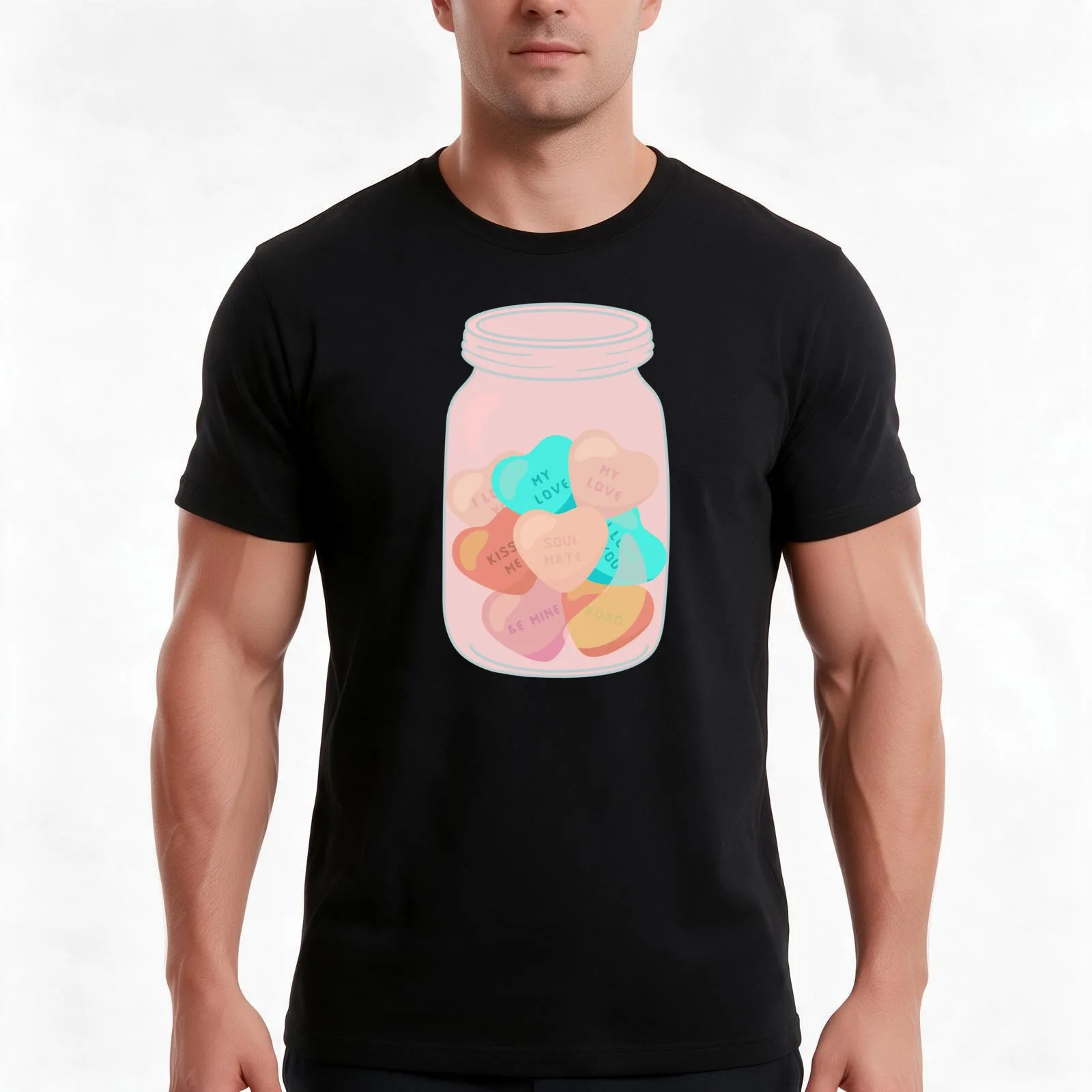 Jar of candy love hearts - Peach, mint, T-Shirt, Summer Casual Cotton Tee, Oversized Streetwear Tops, Vintage Graphic Print