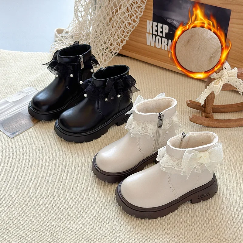 

Girls Princess Boots with Sweet Lace Bows Kids Ankle Boots Versatile Fashion 2025 Autumn Winter New Girls Short Boots Suede Warm