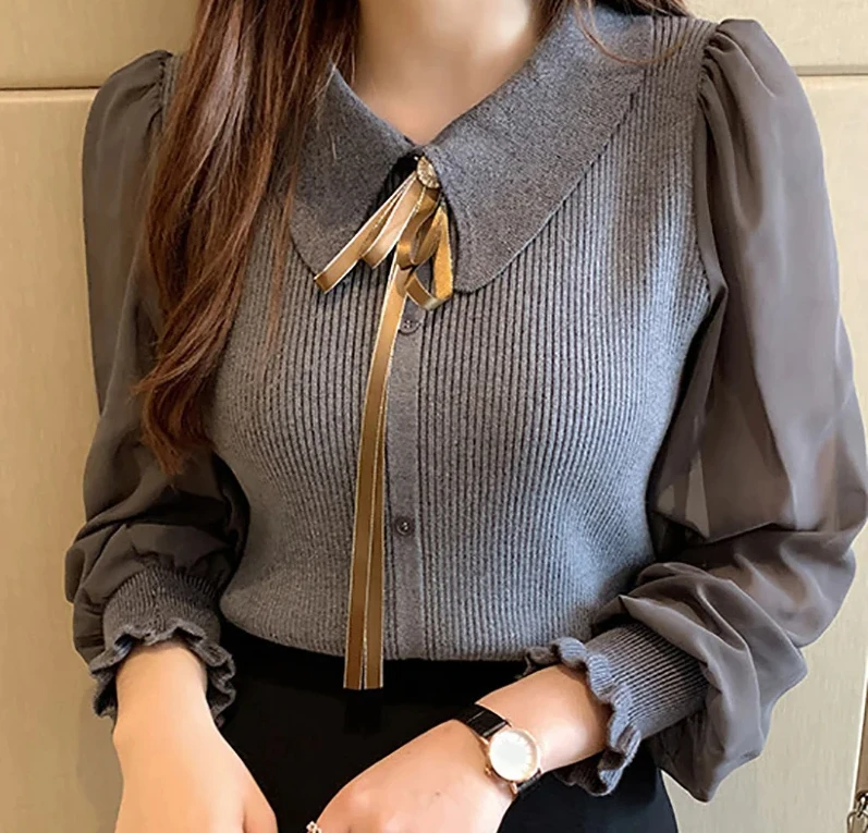 

Autumn Women Chiffon Patchwork Sweater Lantern Sleeve Turn-down Collar Button Pullover Women Office Lady Sweater Winter