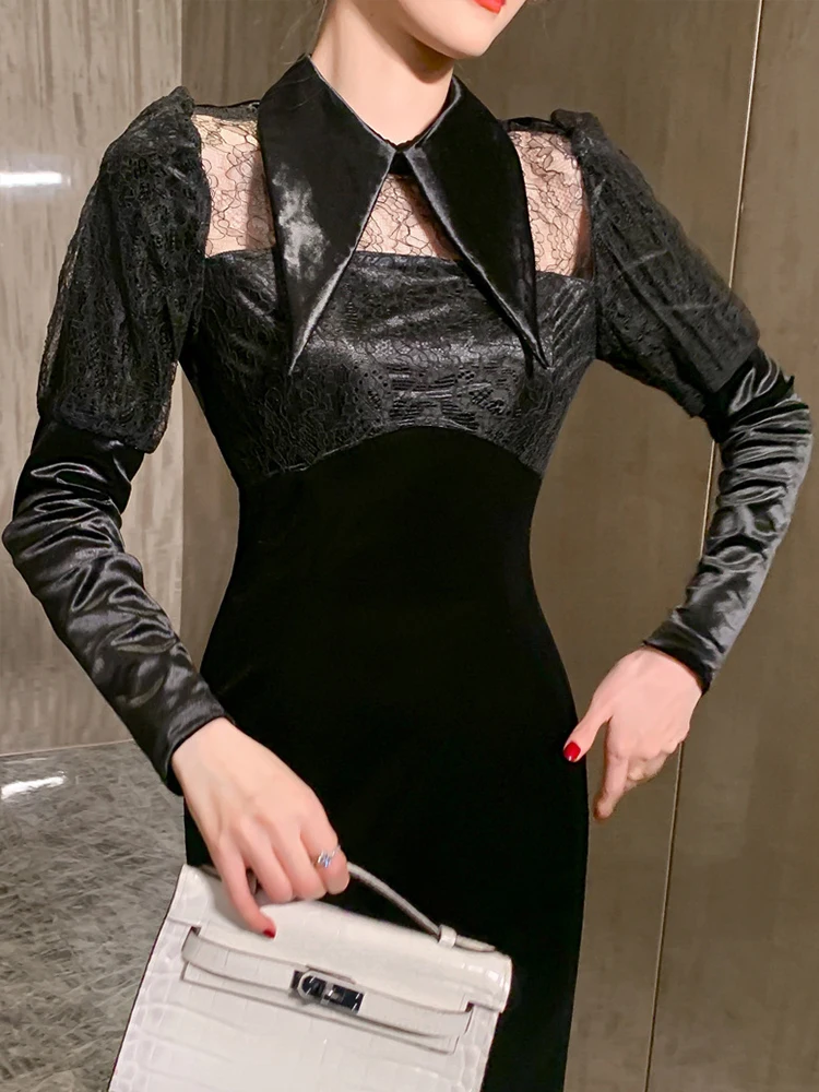 Spring Retro Elegant Midi Dress Women 2023 Black Velvet Sheer Perspective Lace Long Sleeve Slim Robe Femme Party Office Vestidos