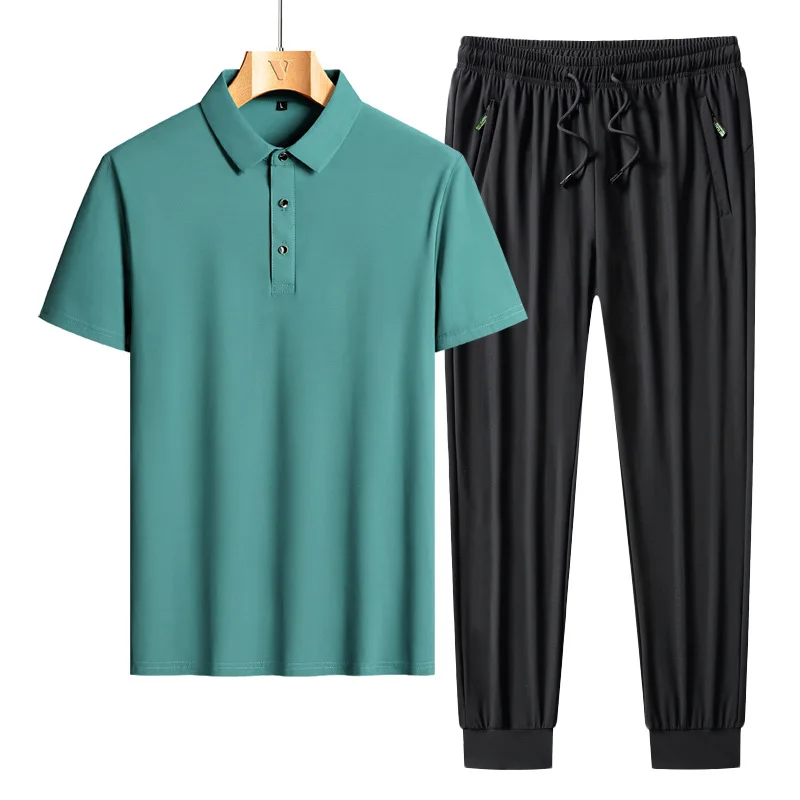 Male Fabric Oversize Short Sleeve Polos Ice Silk Quick Dry Sportswear Loose Tracksuit Set 9xl 8xl Men Polo Shirt Pants Suit 2pcs