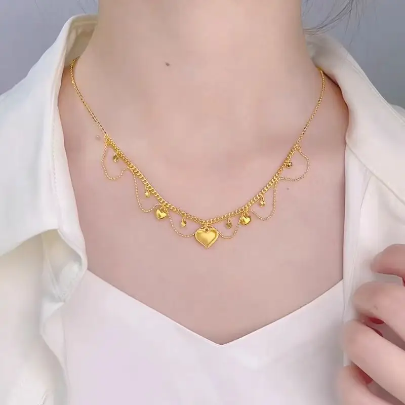 24K real gold high class lace drop necklace Silk tassel set chain 999 gold clavicle chain hollow pendant for girlfriend