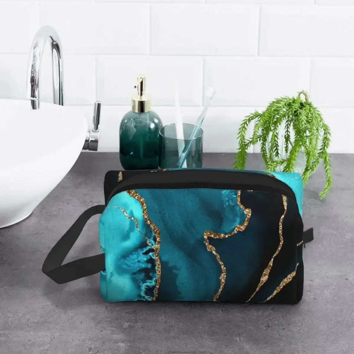 Teal Blue And Gold Hues Marble Agate Toiletry Bag Geometric Modern Cosmetic Makeup Organizer Beauty Storage Dopp Kit Case