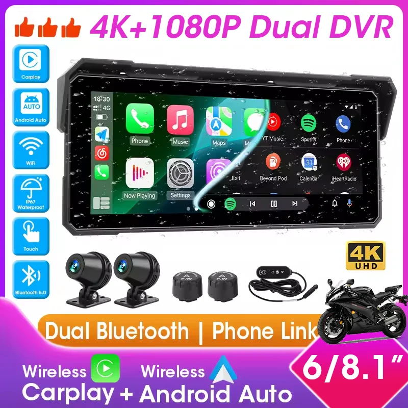 

Мотоцикл CarPlay и Android Auto 6/8,1 дюйма 4K + 1080P Moto DVR GPS-навигация Водонепроницаемый привод рекордер Bluetooth Дисплей Экран
