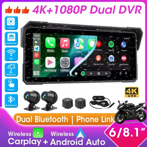 Motocicleta CarPlay y Android Auto 6/8,1 pulgadas 4K + 1080P Moto DVR navegación GPS grabadora de unidad impermeable pantalla Bluetooth