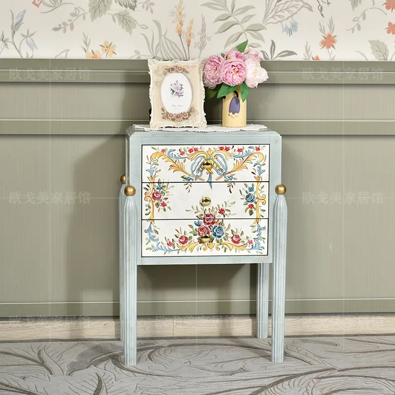 French painted solid wood bedside table pastoral hand painted flowers three draw edge a few B & B retro old storage
