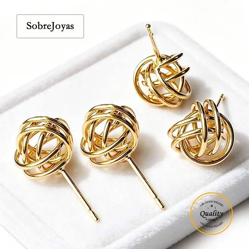 14K Gold Filled 10mm Wire Wrap Ball Earrings Open Knot Post Studs Jewelry Findings for Wholesale Bulk Purchase