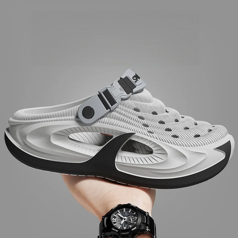 Men Summer Garden Clogs Wavy Texture Streamlined Cut Out Detail Color Block Sole Breathable Techwear Casual Sandals