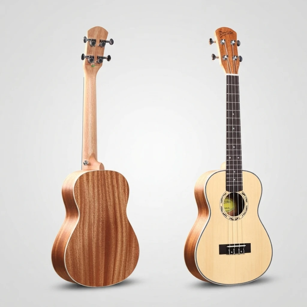 Soprano Ukulele Bright Top Red Brown Back, Black Closed Tuners, 4 Strings, Multi Layer Binding, Decorative Rosette for Beginners