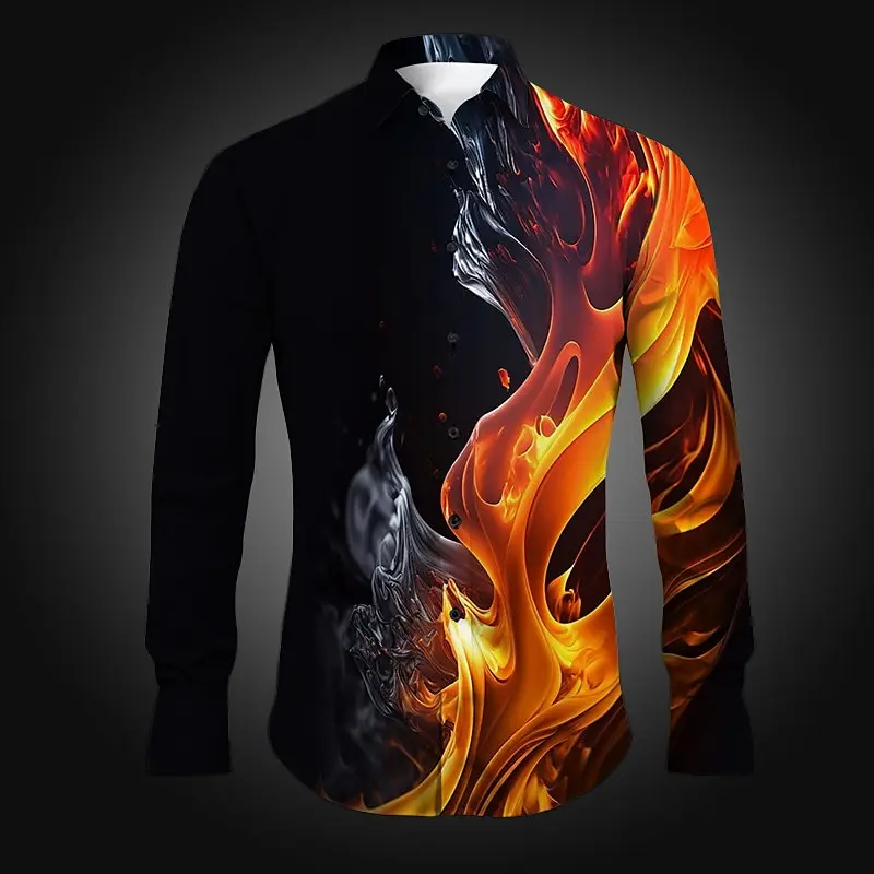 Men's Shirt Flame Pattern Daily Wear Spring Cuffed Long Sleeve Shirt Comfortable Breathable Top Extra Large Size XS-6XL