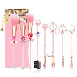 8 Pcs Kawaii  Makeup Brush Set with Cute Pink Pouch, Cardcaptor Sakura Cosmetic Makeup Tool Sets & Kits for Daily Use