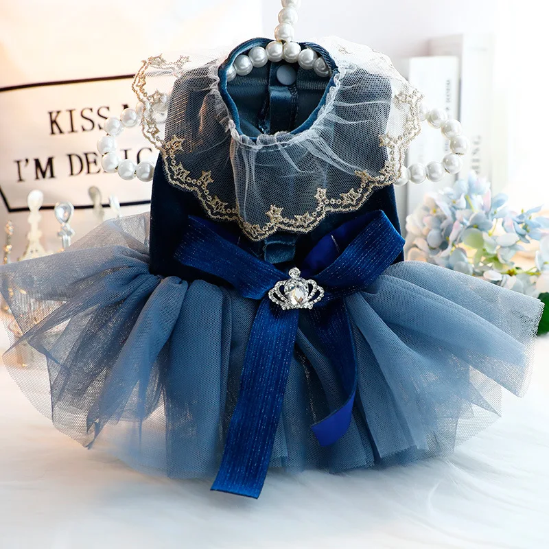 

2024 Autumn Pet Dog Clothes Retro Velvet Blue Crystal Crown Bow Party Princess Dress For Small Medium Dog Teddy Poodle Puppy