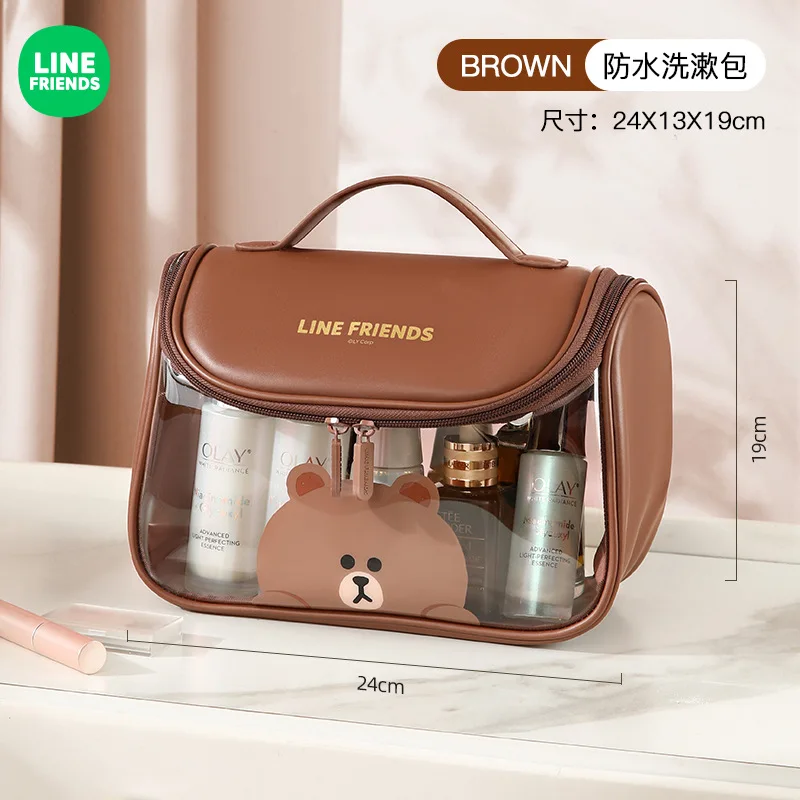 Line Friends Cartoon Brown Large Capacity Transparent Waterproof Cosmetic Bag Kawaii Portable Travel Toiletries Storage Bag