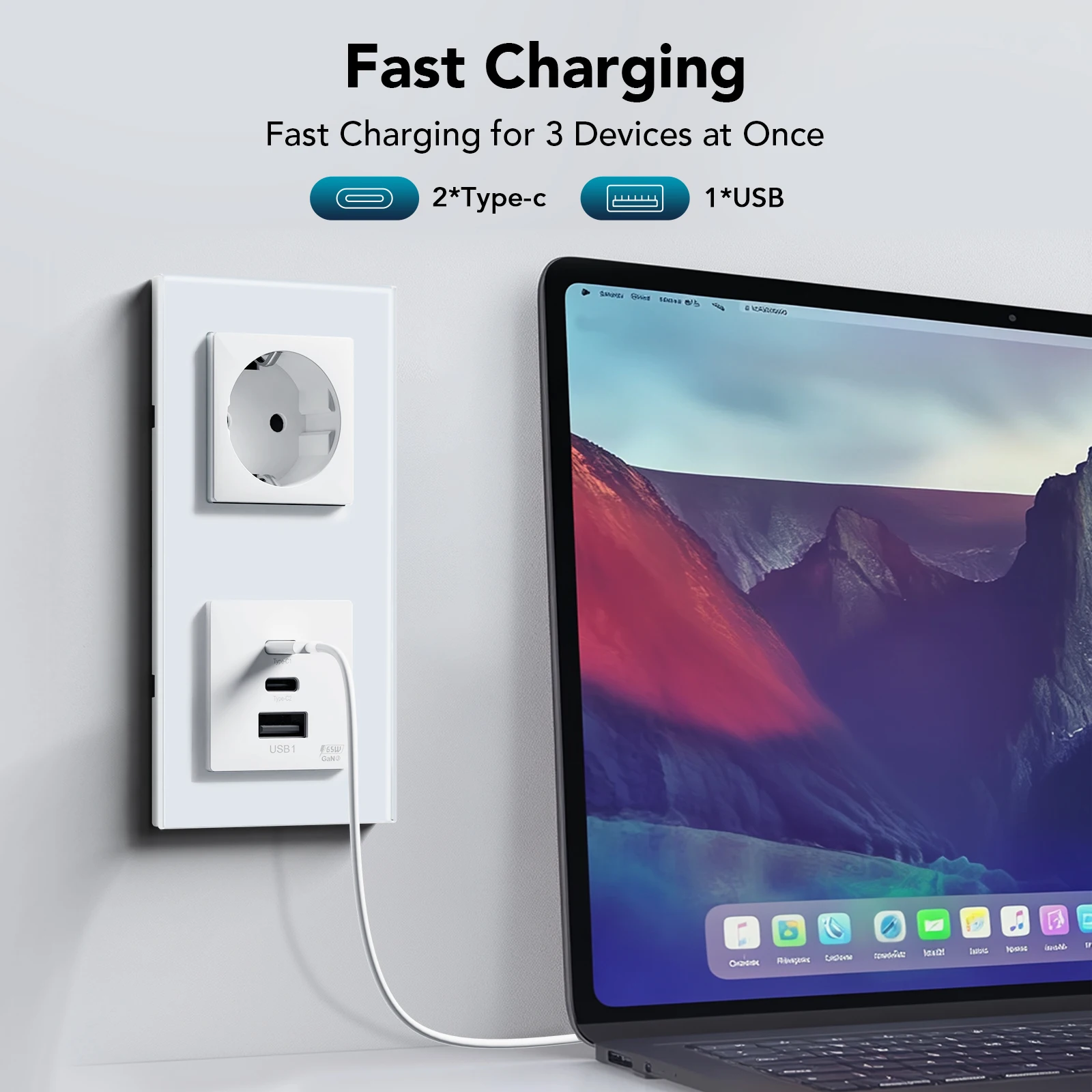 BSEED Universal 65W Quick Charge USB Port Glass Panel Power Wall Socket Type C Power Delivery Charge USB Socket EU Standard