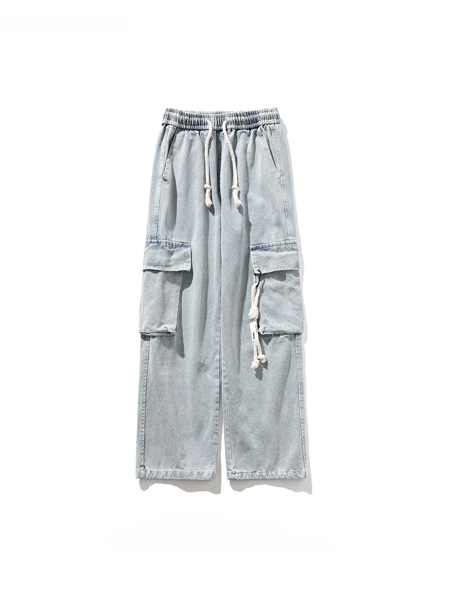 

Men Women Drawstring Workwear Jeans Trendy High Street Hong Kong Style Large Pocket Hip Hop Casual Loose Straight Denim Pants