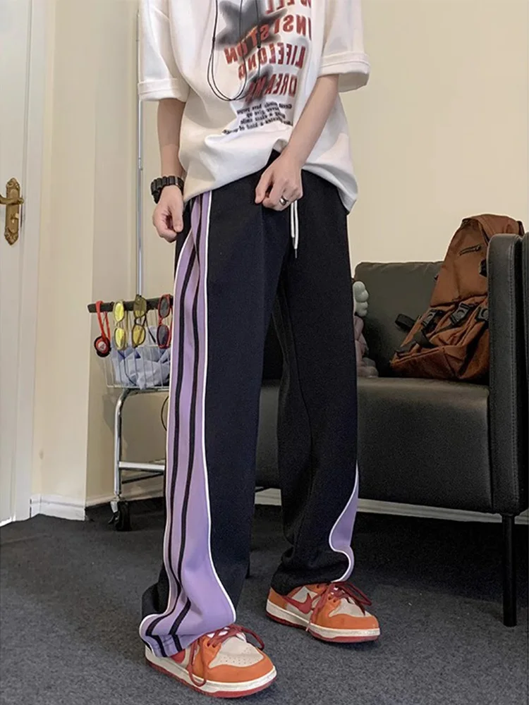 

Модные американские мужские спортивные брюки в стиле High Street, осенние, свободные, прямые, широкие, повседневные, длинные, с полосатыми вставками, спортивные штаны