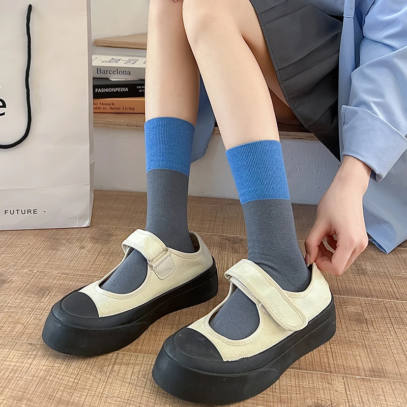 Gradient Color Block Mid-Calf Socks Women's Thin Spring Summer Cotton Breathable Moisture Wicking Retro Hong Kong Style Long ...