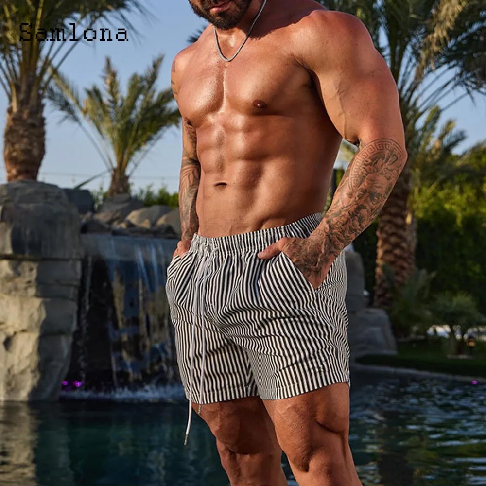 Mens Vintage Striped Beach Shorts Bottoms 2025 Europe Style Casual Stand Pocket Classic Short Pant Men's Drawstring Hotpants New