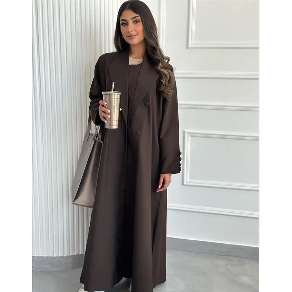 Elegante braune tägliche Frauen abaya muslimische Robe lose weibliche Blazer neue zweireihige Damen jacke einteilig فساتين إسلامية