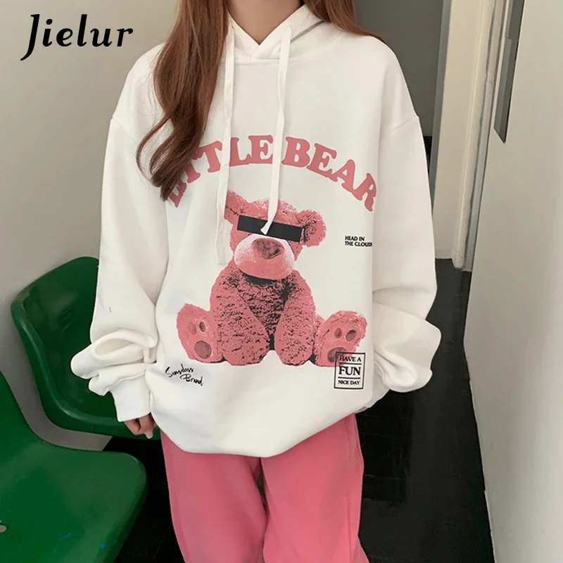 

Jielur Winter New Korean Style Hooded Sweatshirt Women Loose Cartoon Bear Print Warm Fleece Hoodies White Black Hoodie M-XXL