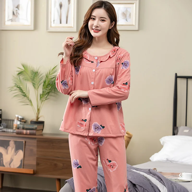 

Women Cardigan Round Neck Print Nightwear Suit Autumn Long Sleeve Princess Pajamas Casual Homewear Big Yards M-3XL Pijamas Mujer