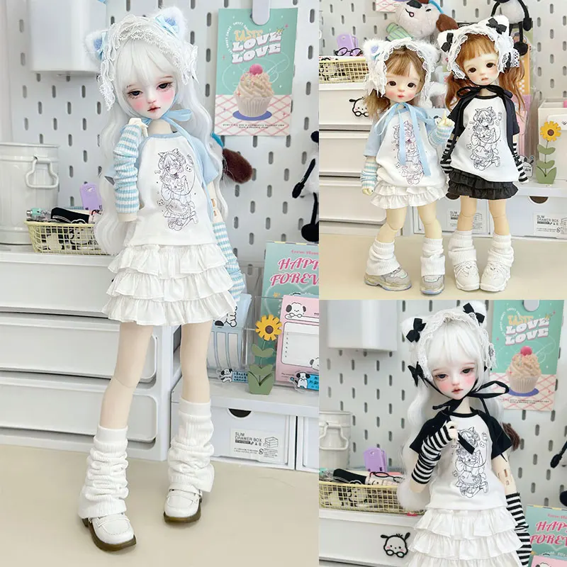 1/4 Bjd Doll Splicing Color Long Short Sleeve T-shirt 1/6 Bjd Cake Skirt Double Layer Group Two Color Sleeve Socks Gift Toy