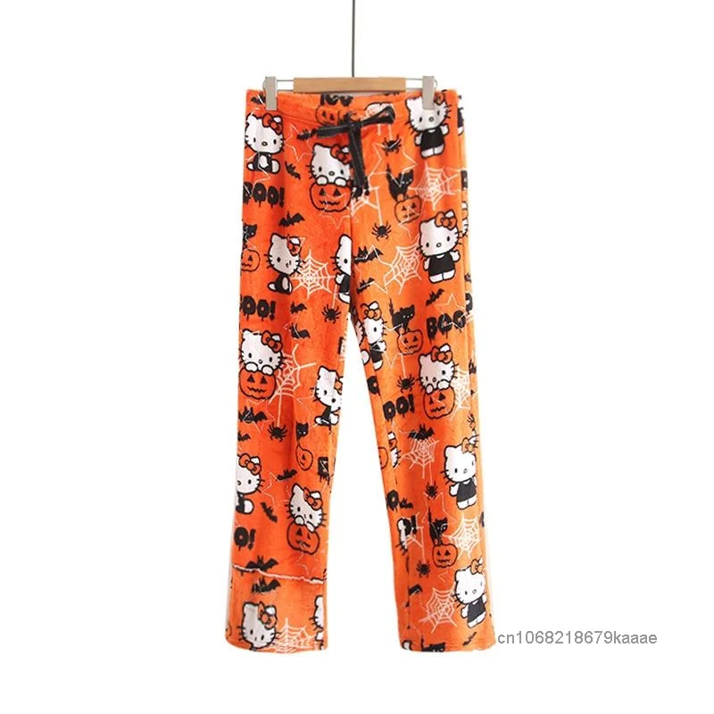 Hallo Kitty Cartoon Halloween Flanell Pyjama Hose Winter neue dicke Plüsch warme Schlaf hose Frauen Trend Casual Home Hose