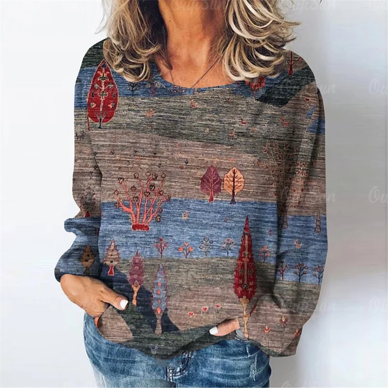 Natural Scenery Print Long Sleeves T Shirt Fall Casual Women's T-shirts Daily Loose Women Clothing Vintage Streetwear Pullover