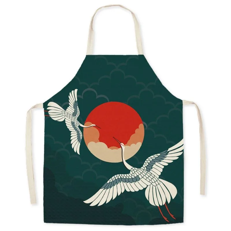 Retro Chinese crane pattern linen apron home cleaning anti-oil bib kitchen adult cooking baking sleeveless apron