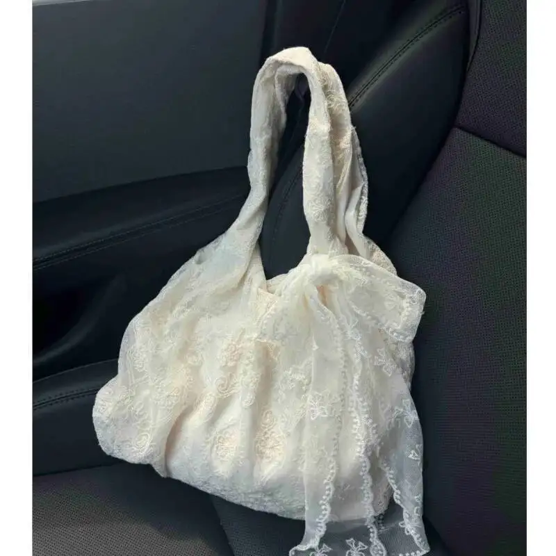 

Bloom Fairycore Aesthetic White Handbag Women 2025 Summer Sweet Lace Bow Shoulder Bags Ladies Large Capacity Underarm Bag Y2k