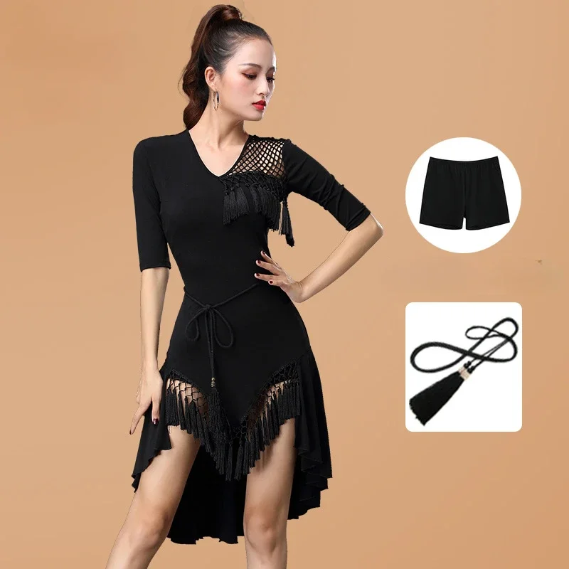 Women Latin Dance Dress Tassel Fringed Irregular Dress Tango Latin Cha-Cha Samba Dresses Sequins Ballroom Performance Costumes