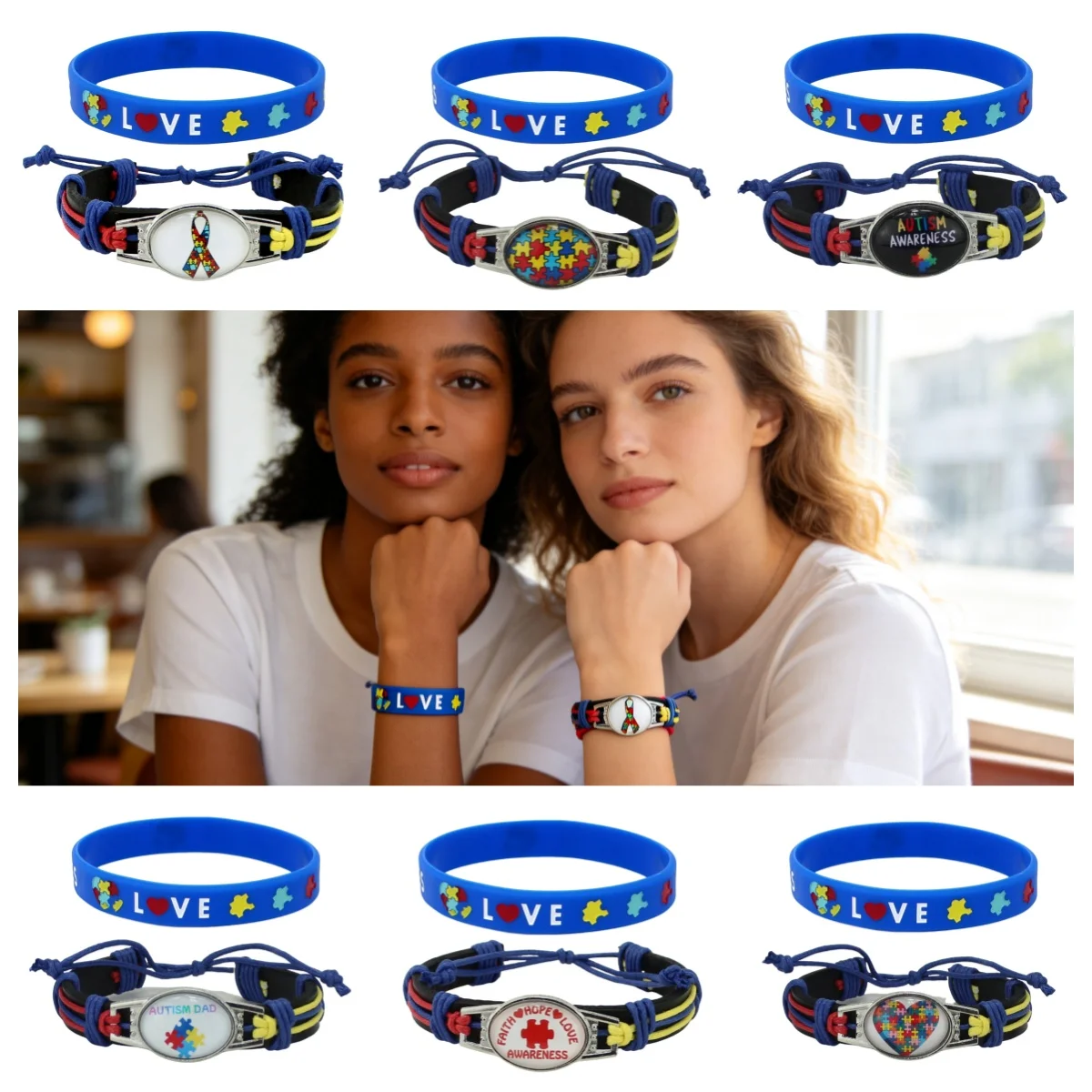 Autism awareness bracelet set, featuring a genuine leather waxed rope woven bracelet paired with a blue silicone wristband