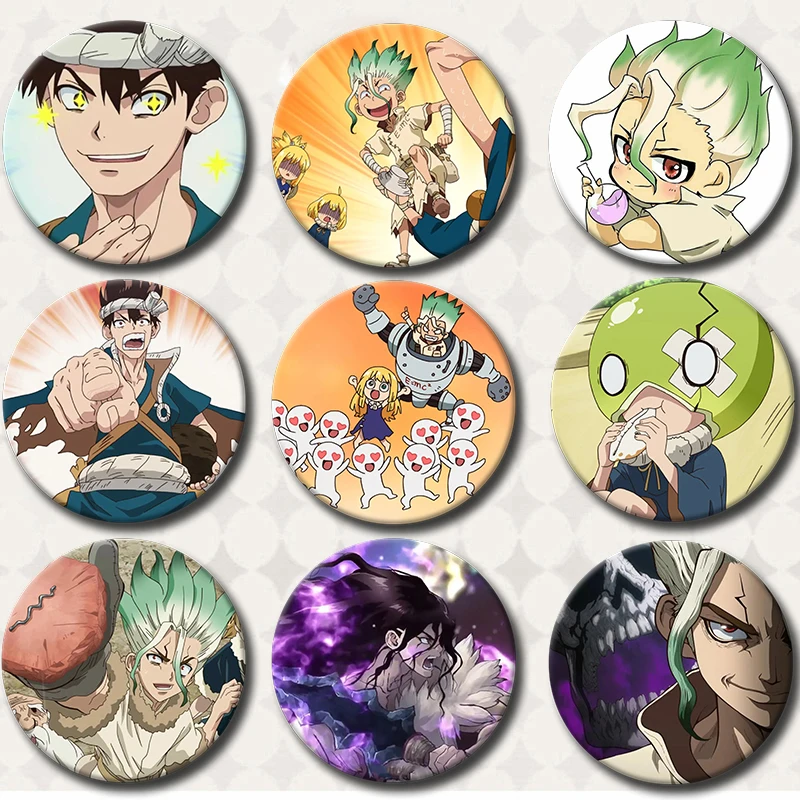 

58MM Dr. Stone Fanart Senku and Gen Pins Icons Button Badge Brooch Cartoon Badge Pins Fun Badge Decor Fans Collect Friends Gifts