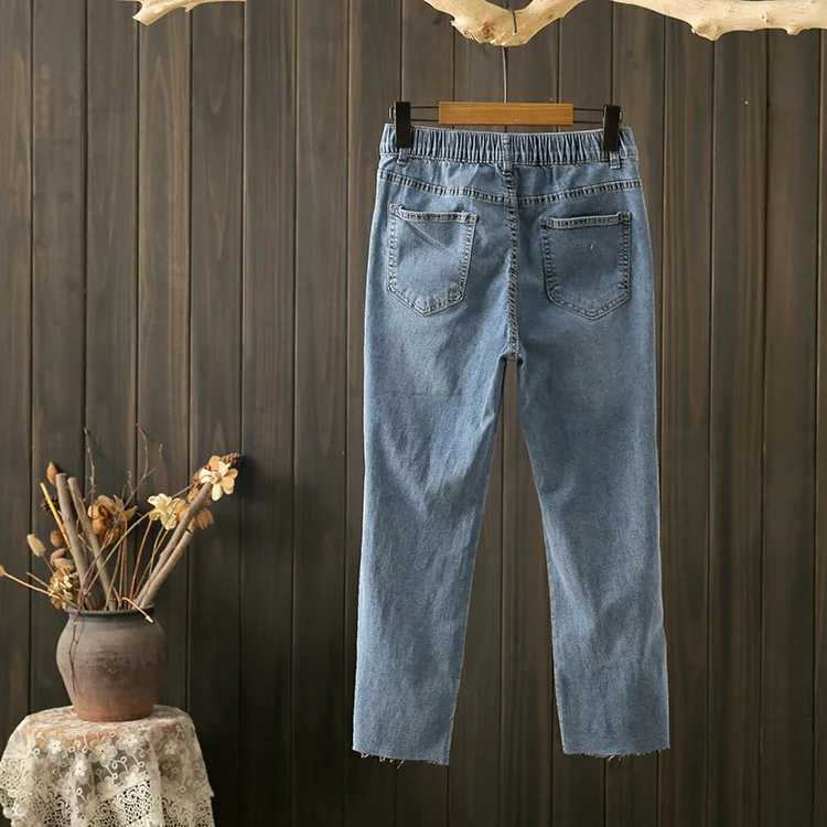 High Waist Straight Leg Jeans Women's plus Size High Elasticity Side Slit Nine Point Slimming Smoke Tube Pants Summer Cotton ...