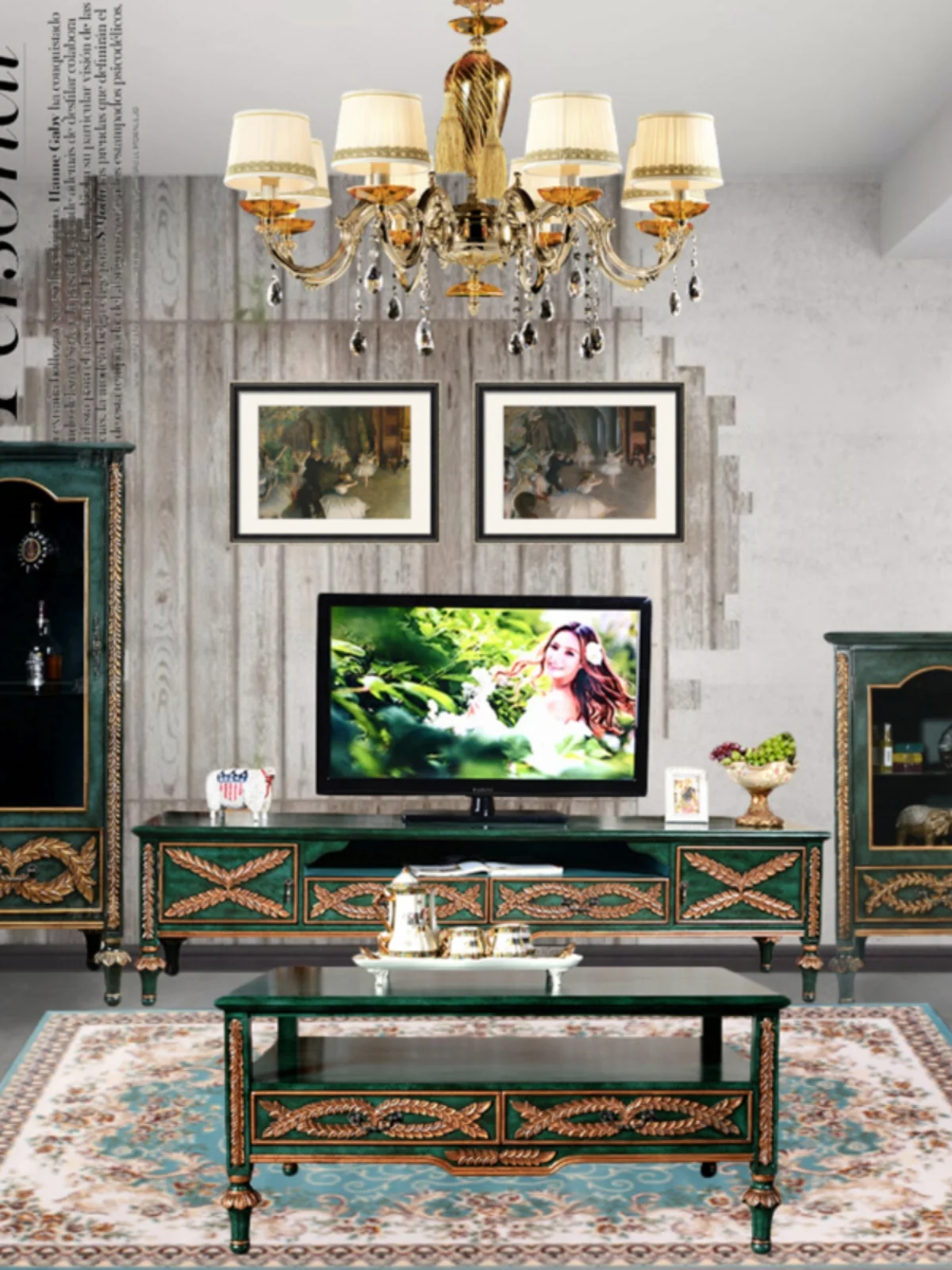 TV cabinet, small apartment, living room, coffee table, combined with a set of peacock green fashion cabinets