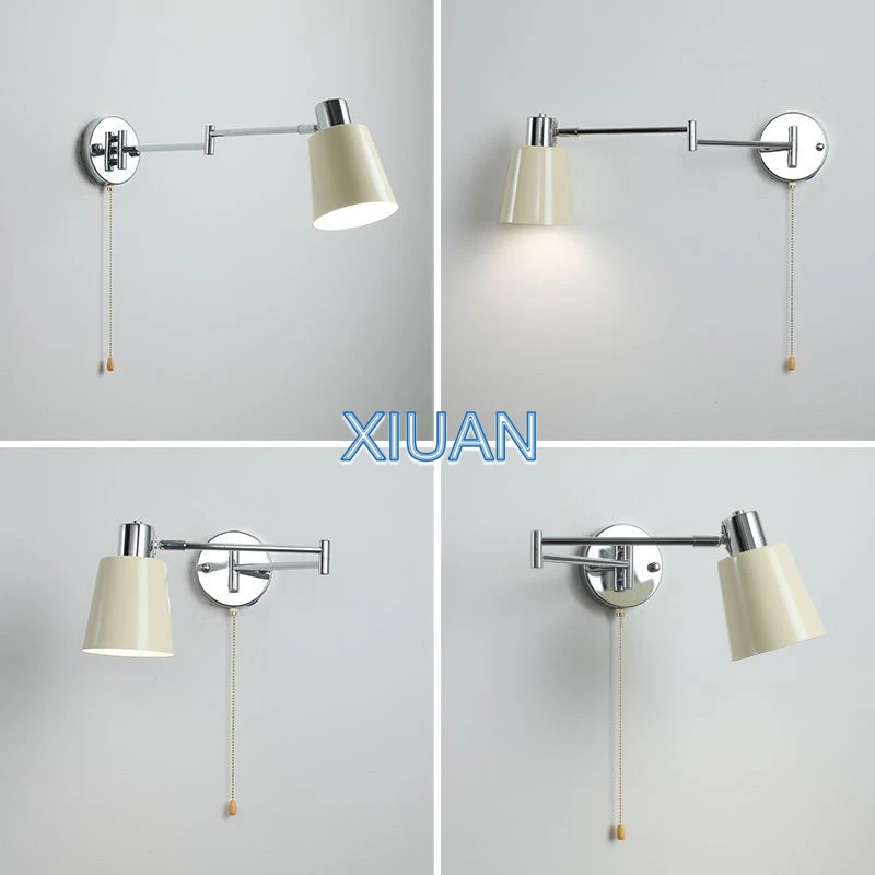 Imagem -05 - Modern Minimalista Chrome Lâmpada de Parede Swing Arm Luz de Parede de Cabeceira para Leitura Led E27 Metal Plissado Tecido Sconces