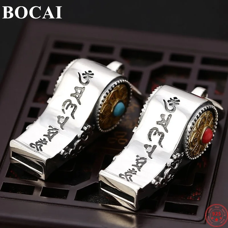 

BOCAI S925 Sterling Silver Pendants for Women Men New Fashion Six Syllable Mantra Turquoise Whistle Punk Jewelry Free Shipping