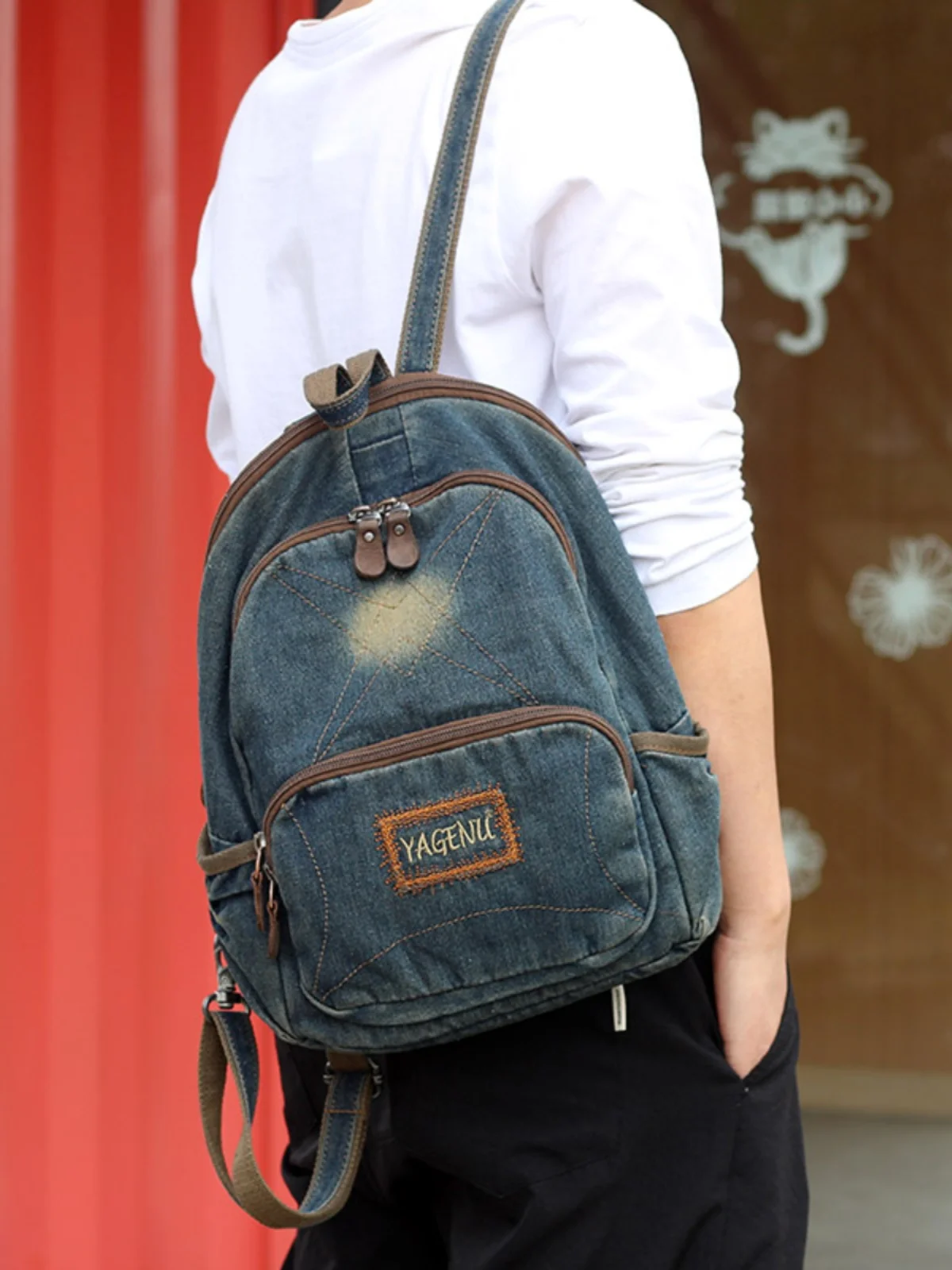 Retro Canvas Outdoor Travel Backpack Unisex Small Size Denim Shoulder Bag Youth Style Zipper Closure Soft Fabric Britsh Style
