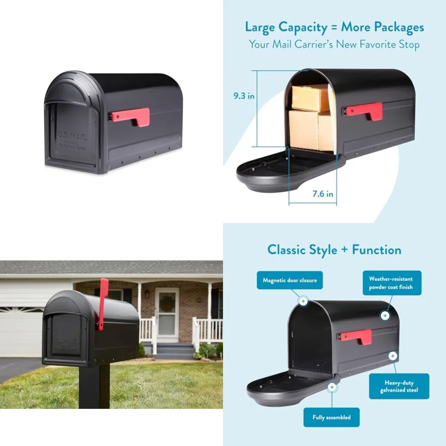 

Barrington™ Heavy Duty Steel Metal Post Mounted Mail Box for Outside, Black, Large Curbside Mailbox with Magnetic Latch