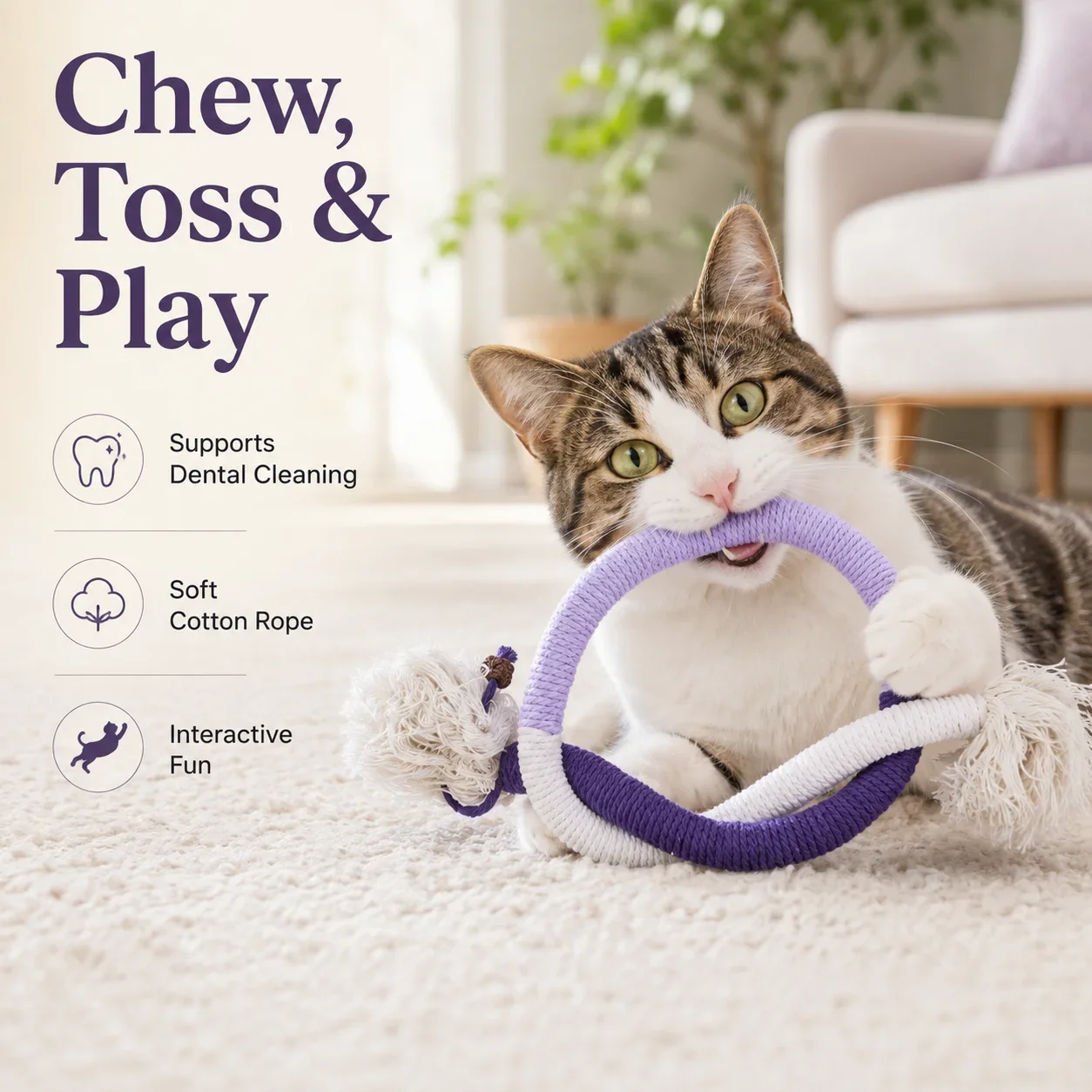 Teeth Grinding Cat Toy, Cotton Rope Teasing Stick for Dental Health, Interactive Play for Indoor Cats