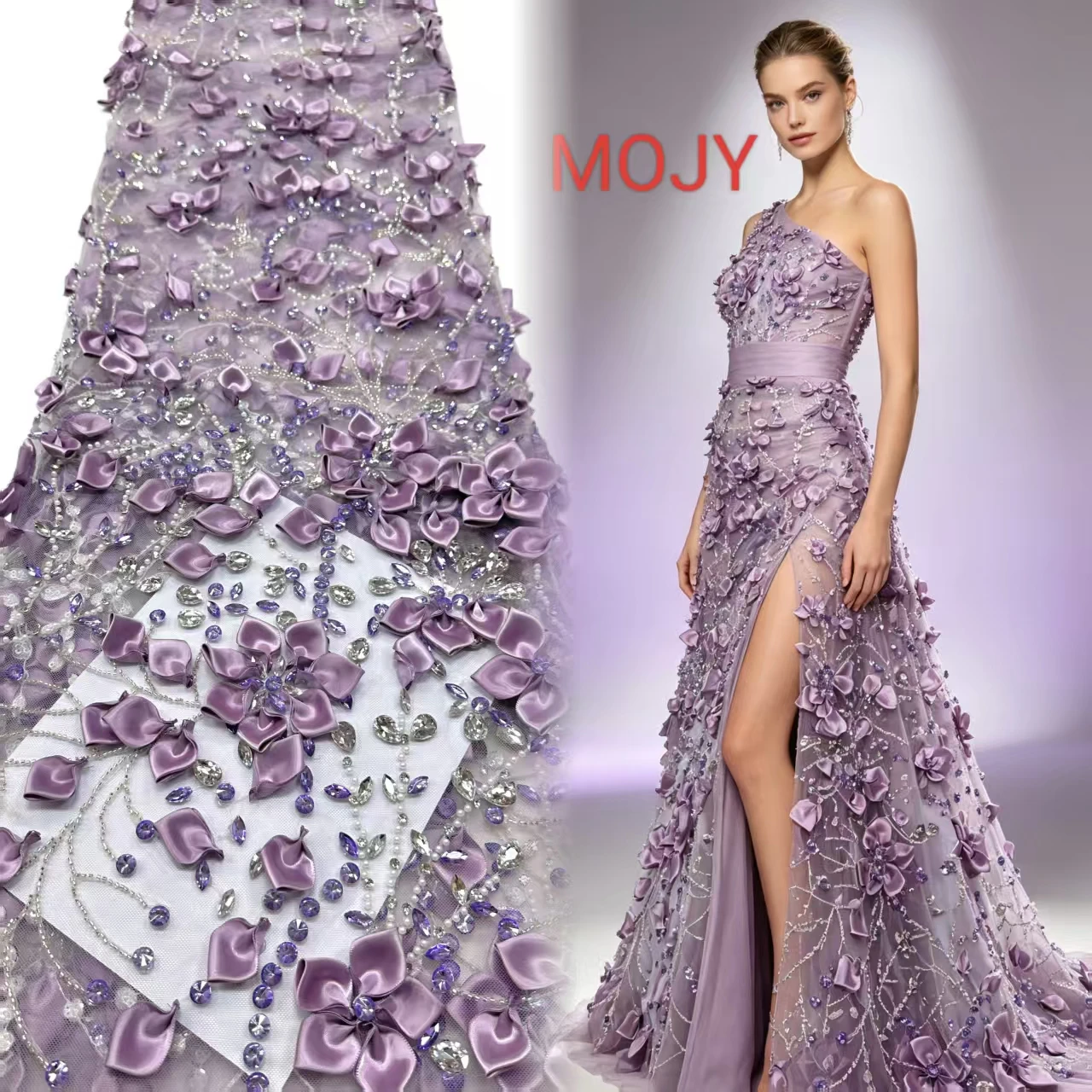 3D Satin Flower Applique Lace Fabric, Lavender Beaded Rhinestone Embroidered Tulle, Luxury African Lace Material for Wedding Eve