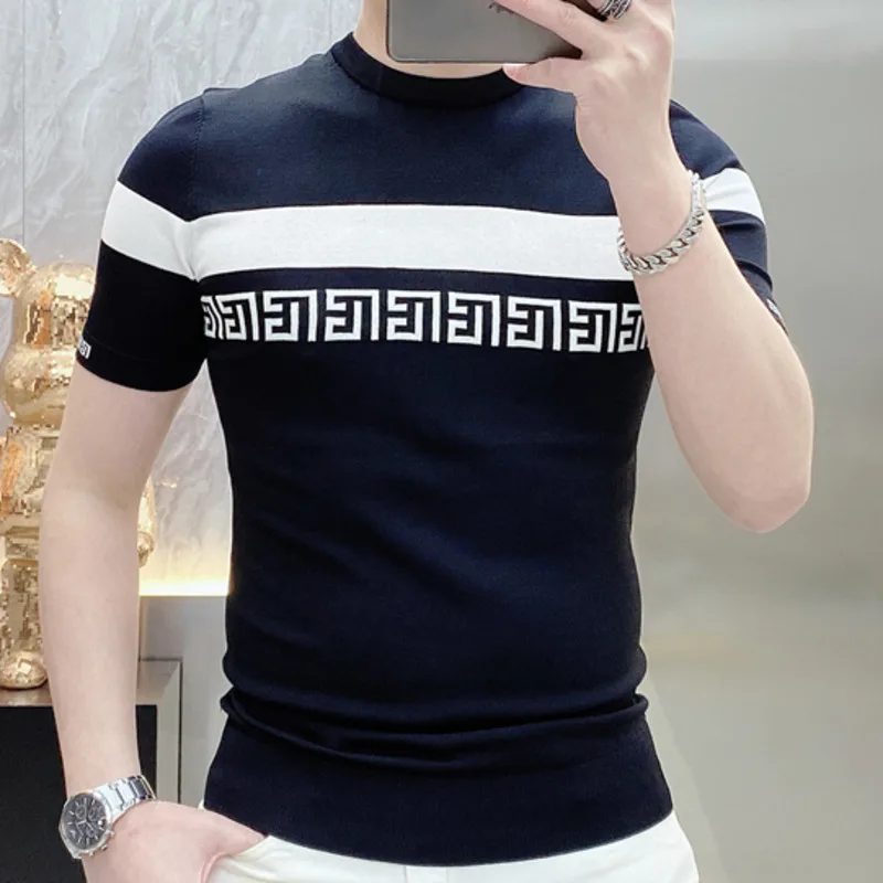 Knitted Short Sleeved Men\'s 2023 Summer New Striped Jacquard Slim Fitting Thin Round Neck Versatile Half Sleeve Ice Silk T-shirt